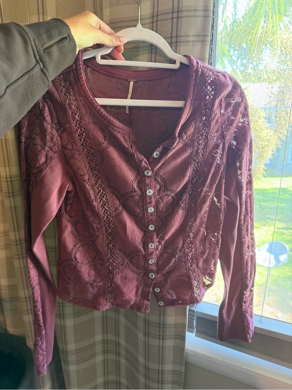 Free People Jae Sheer Lace Knit Long Sleeve Top, M in Crushed Berry